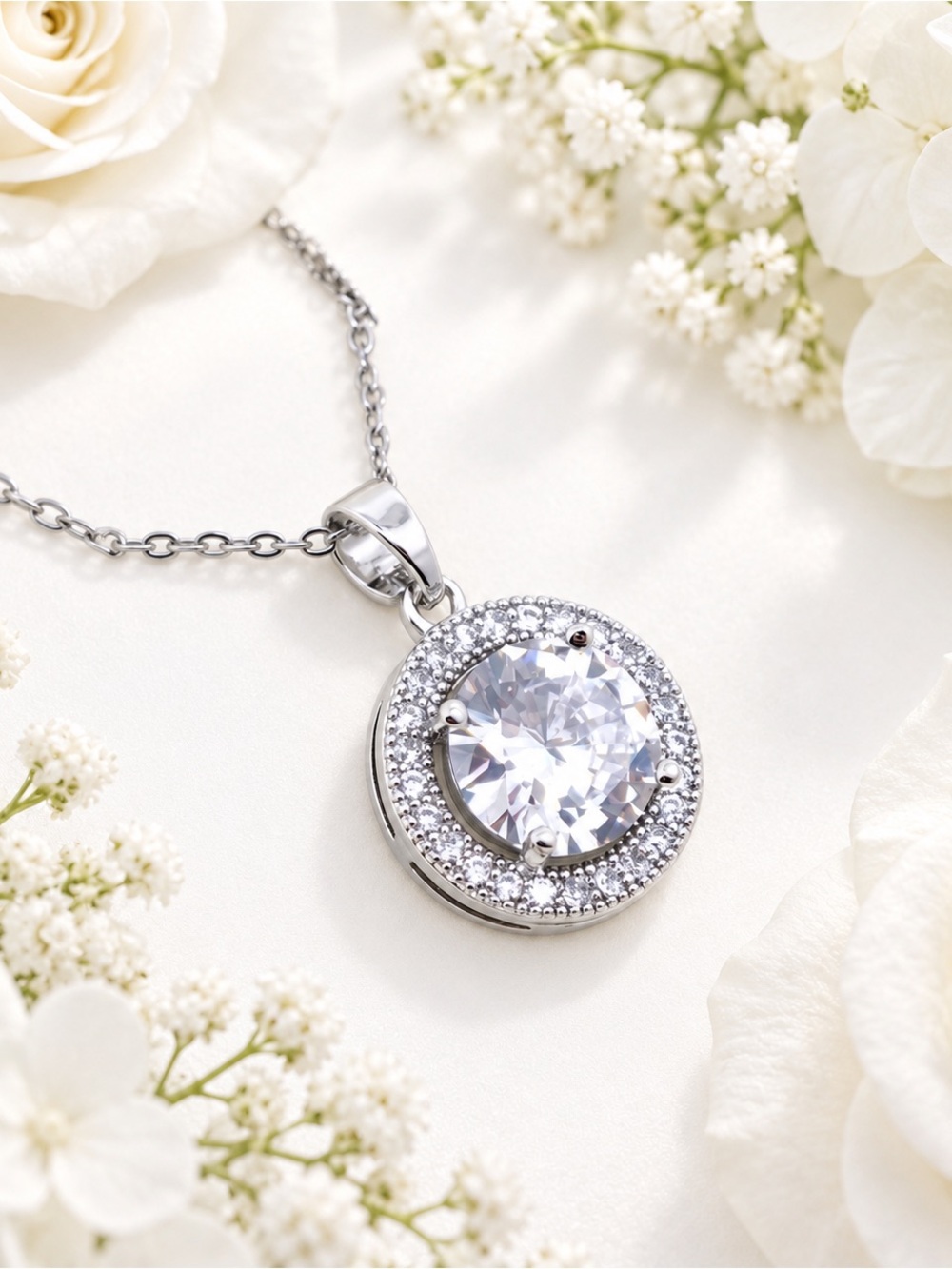 Silver-Tone Round Halo Pendant Necklace with Clear Crystal